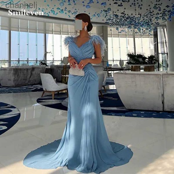 Urban Sexy Dresses Smileven Chiffon Sky Blue Feather Abendkleid Meerjungfrau Formelle Abendkleider V-Ausschnitt Saudi-Arabien Hochzeit Party 2023 yq240327