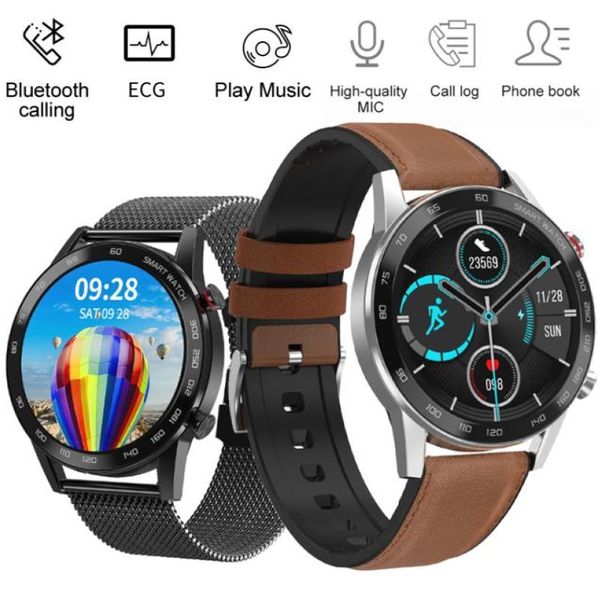 Dt95 pulseira de couro relógio inteligente para homens display toque redondo freqüência cardíaca monitor pressão arterial smartwatch bluetooth chamada telefone ecg c3572211