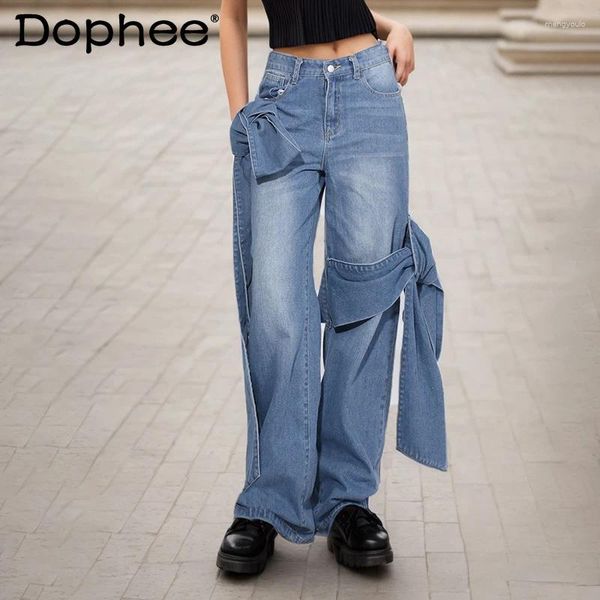 Kadınlar kot retro caddesi yıkanmış sıradan pantolonlar kadın 2024 bahar tasarım duyu dikişli kayışlarla yüksek bel düz pantolon
