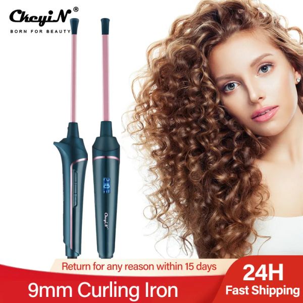 Ferros 9mm display lcd modelador de cabelo elétrico curling ferro cerâmica curling wand tong rolo para cachos apertados homens mulheres vacilar beleza styler