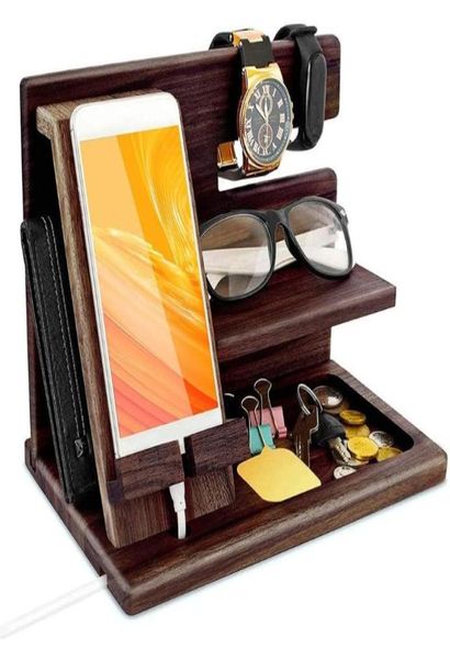 Suporte de montagem de telefone celular, estação de encaixe de madeira, carteira, relógios, bolsa, organizador de mesa 6594836