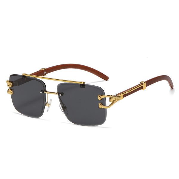 Herren-Sonnenbrille für Damen, Sommer-Stil, Leopardenkopf, Doppelstrahl, diamantbesetzt, rechteckig, randlos, Metall, UV-Quadratbrille, zufällige Box