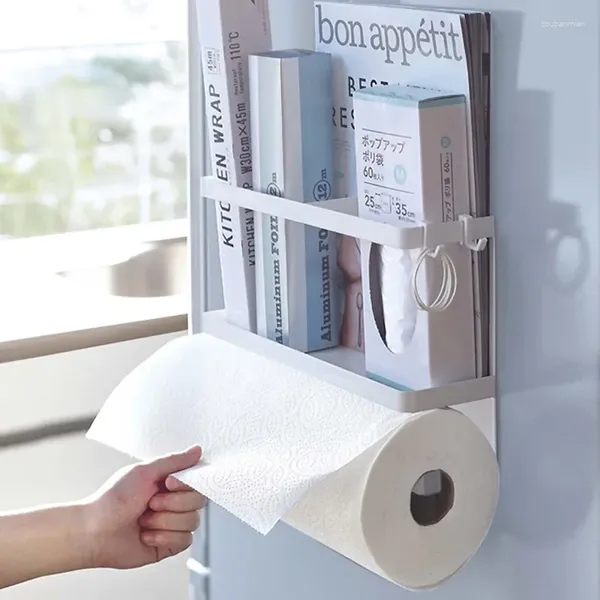 Rack de armazenamento de geladeira, prateleira magnética de suspensão, sucção, toalha de papel, organizador de garrafa lateral, multifuncional