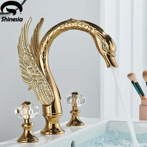 Rubinetti per lavandino del bagno Rubinetto per lavabo a forma di cigno dorato di lusso Rubinetto per lavabo con doppia maniglia in cristallo Rubinetti per montaggio su ponte Valvola per acqua fredda diffusa