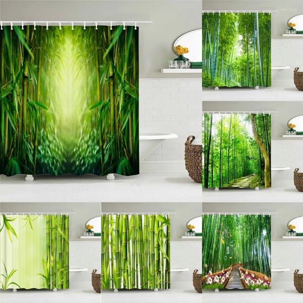 Duschvorhänge Hochwertige grüne Bambuspflanze bedruckter Vorhang wasserdichter Stoff Landschaft Bad für Badezimmerdekor mit Haken
