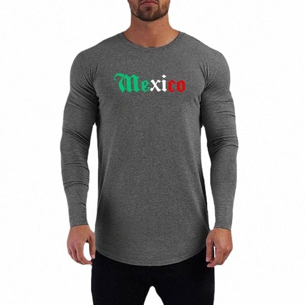 Mexiko Brief gedruckt Slim Fit Fitn T-Shirt Herren Laufsport LG Sleeve Cott Shirt Gym Bodybuilding Training Sportbekleidung W0Oy #