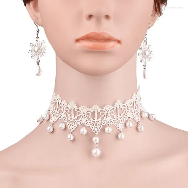 Colar brincos conjunto feminino colares de casamento nupcial senhora flor branca renda frisada pérola gota gargantilha chunky moda jóias