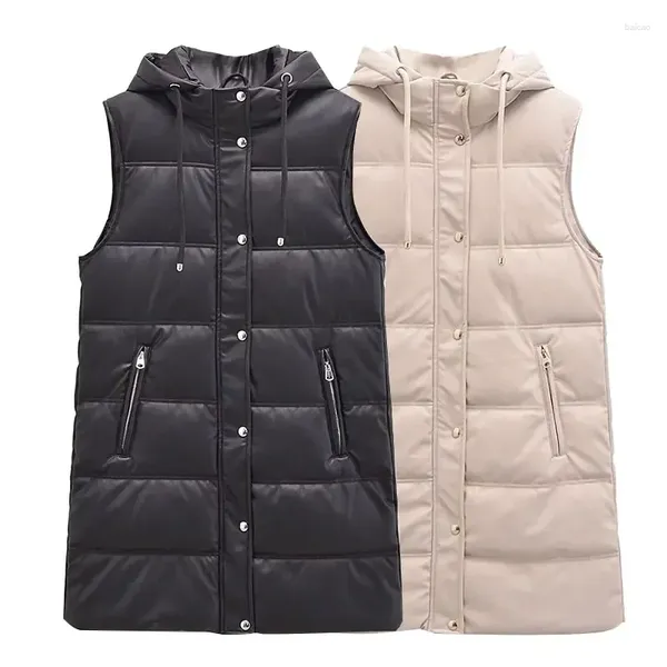 Coletes femininas colete moda inverno falso couro acolchoado longo jaqueta com capuz casaco branco mangas pu feminino colete chique roupas topos