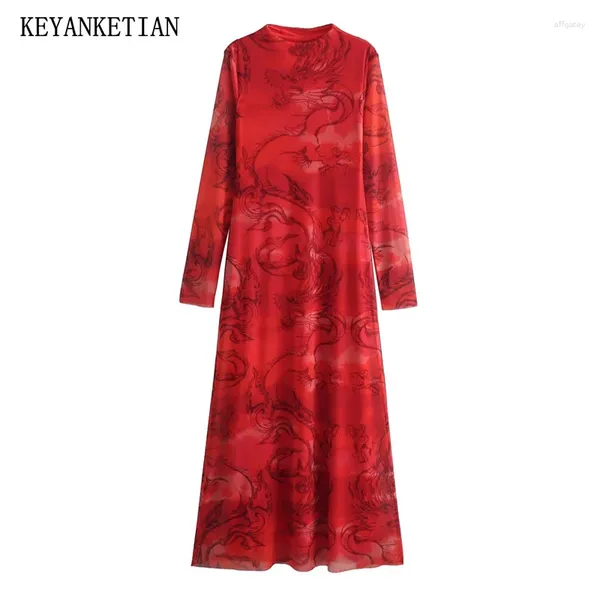 Повседневные платья KEYANKETIAN 2024. Запуск праздничного ветра в стиле ретро с чернильным принтом. Женское красное тюлевое платье-миди с тонкими длинными рукавами, длиной до щиколотки.