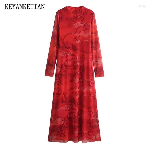 Vestidos casuais keyanketian 2024 lançamento feriado vento retro tinta impressão feminina vermelho tule midi vestido magro manga longa uma linha tornozelo-comprimento