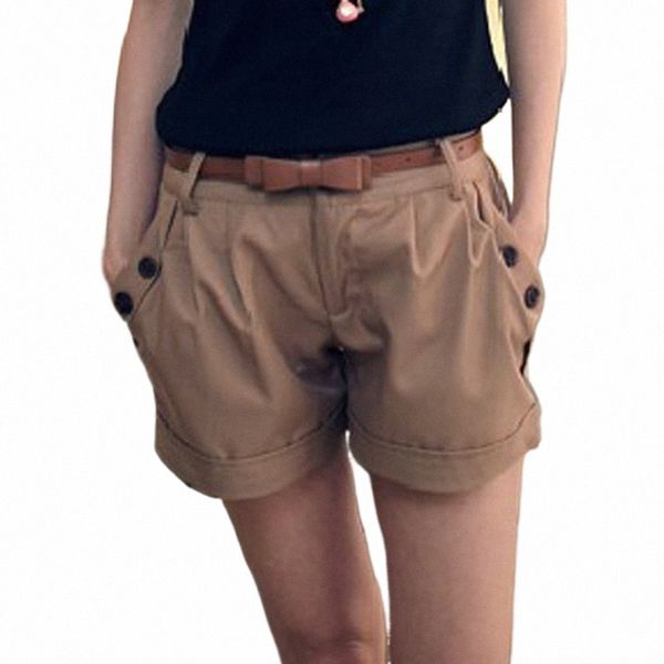 Pantaloncini casuali estivi Pantaloni per le donne Fi Solid England Style Vita media Pantaloni kaki neri Design a cintura Pantaloncini slim 2024 Y4xv #