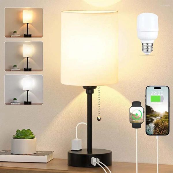 Lampade da tavolo Lampada da scrivania Catena a tirante Comodino bianco Base in metallo con porte USB C e A Luce per camera da letto per banco di lavoro Studio di lettura