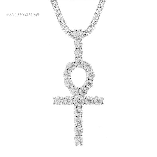 Collana personalizzata di gioielli da donna Vvs Moissanite con diamanti placcati in oro 14K e ciondolo con croce Ice Out