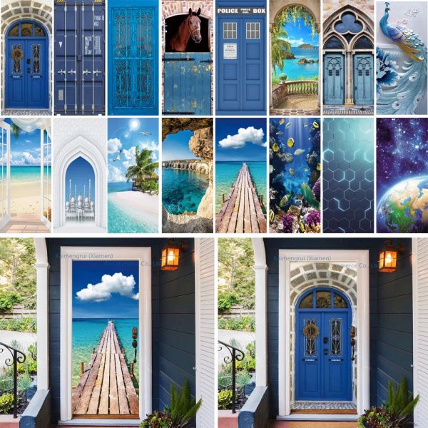 Adesivos porta azul mural adesivos autoadesivos 3d relevo praia mar papel de parede tamanho personalizado casa porta design decoração 3d natureza cenário decalque