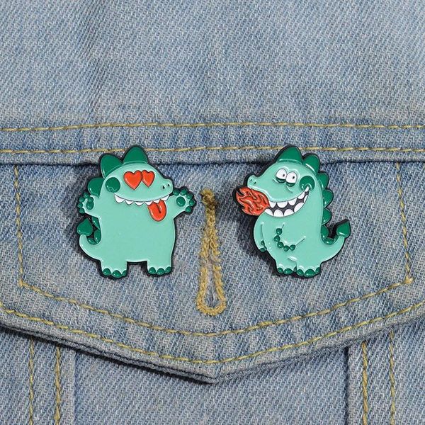 Bonito fogo respiração dragão esmalte pinos personalizado dinossauro verde broches lapela emblemas dos desenhos animados animal jóias presente para crianças amigos