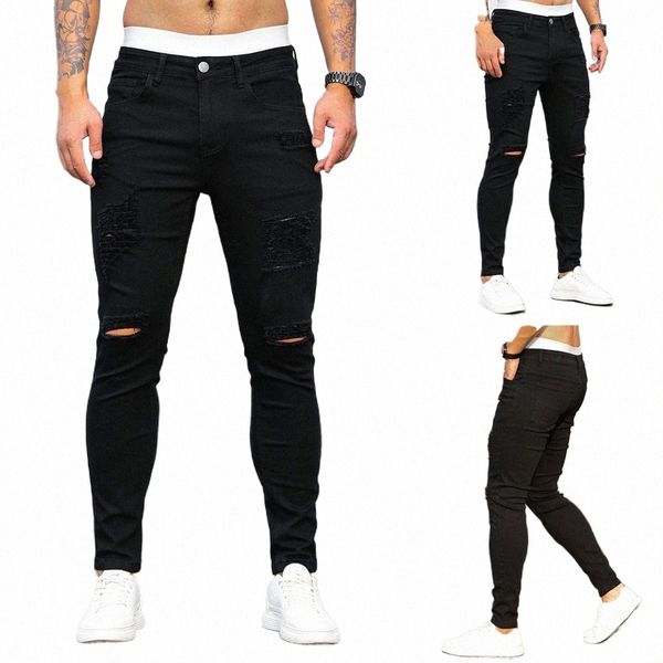 2023 Novos Jeans Skinny Mens Preto Slim Rasgado Stretch Denim Calças Masculinas Jean Cor Sólida Diária Hip Hop Skinny Hole Calças Homens F7XX #