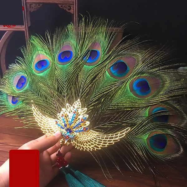 Ventilador de penas de pavão tela aberta acessórios portáteis phoenix feminino estilo chinês traje tiro po decorações para casa 240325