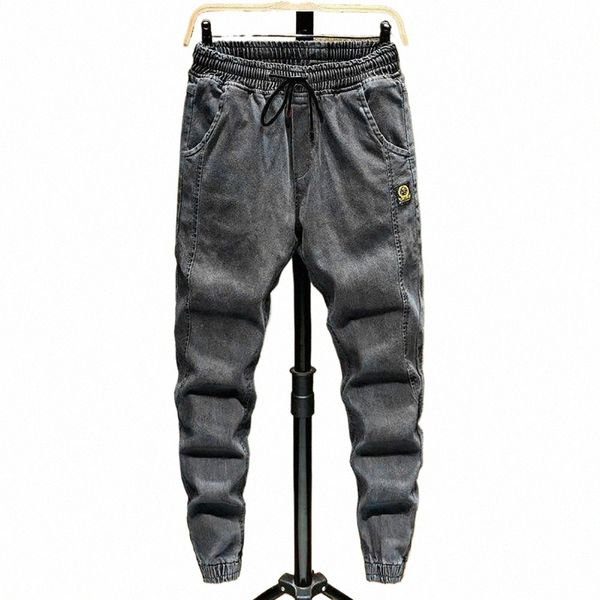 Pantaloni alla moda da uomo alla moda Jeans elasticizzati in vita streetwear Pantaloni a vita alta allacciati alla caviglia S8S0 #