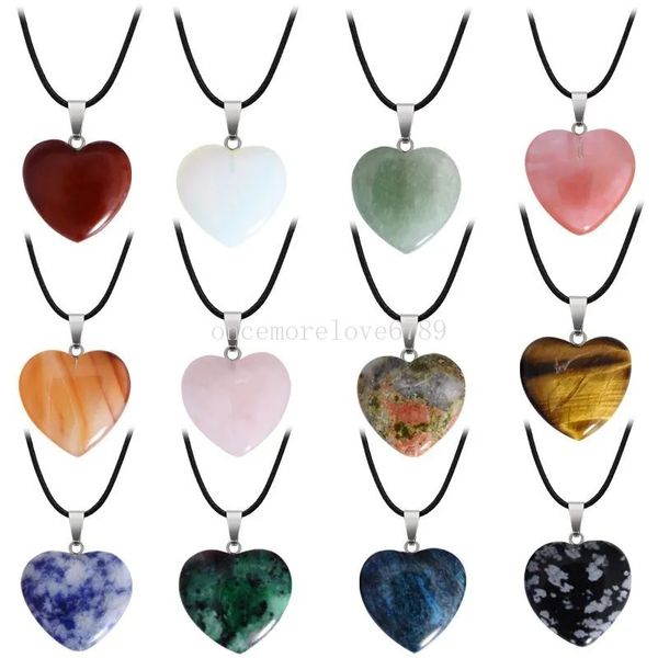 Naturstein-Herz-Halskette, Edelstein-Achat-Anhänger, hängende Halskette mit Lederkette für Damen, Damen, Schmuck, Geschenk, Großhandelspreis