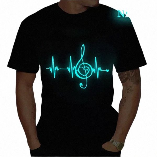 Männer schwarze Hemden mit kurzen Ärmeln T-Shirts Sommer Tops Musik Note Herzschlag lustige T-Shirts für Männer leuchtende Design männliche T-Shirts J4Ed #