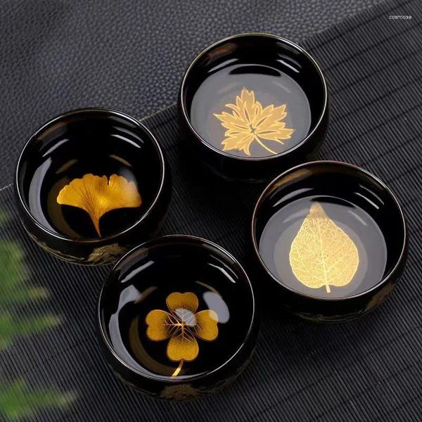 Set di articoli da tè 4 pezzi / set Jianzhan Set di tazze da tè in ceramica Cinese Foglie Fiori Tazza da tè Forno per l'acqua domestico Cambiamento Ciotola Confezione regalo