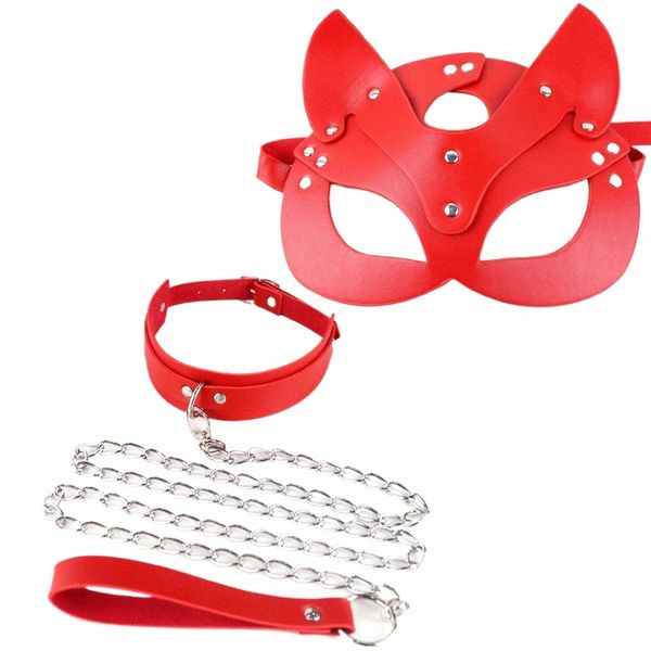 Weibliche Sexy Katze Masken Fetisch Tragen Rote Kragen Kette Leder Masken Einstellbare Leder Harn Le Goth Erotische Weihnachten Cosplay Q3KA #