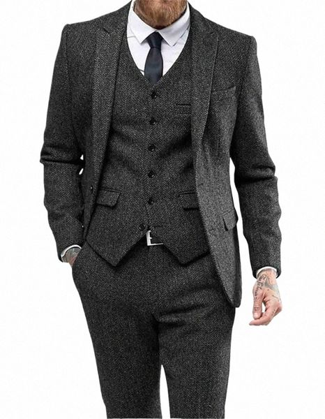 Ternos masculinos 3 peças de lã preta Herringb Slim Fit Casual Formal Busin Groomsmen Tweed Smoking para casamento Blazer + Calça + Colete J99Q #