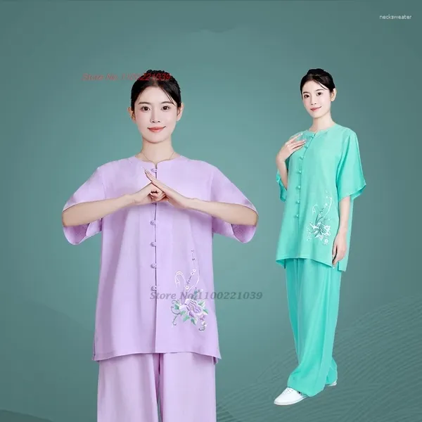 Ethnische Kleidung 2024 Tai Chi Uniform Chinesisches Wushu Set Blumenstickerei Baumwolle Leinen Taijiquan Praxis Kampfkunst Wing Chun