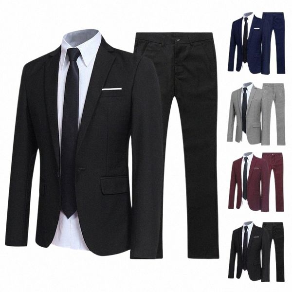 1 Set uomini alla moda giacca sportiva pantaloni temperamento vestito dello sposo tinta unita abiti da sposa bavero formale vestito dello sposo Set e7gV #