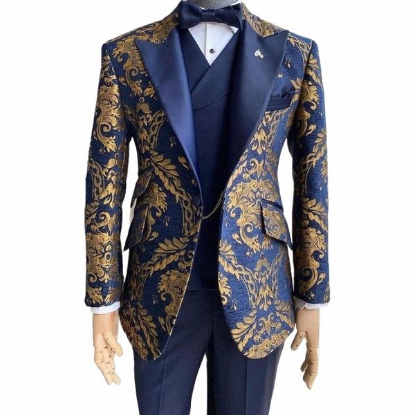 Abiti da smoking jacquard floreali per uomo Matrimonio Slim Fit Giacca da uomo blu navy e oro con gilet Pantalone 3 pezzi Costume maschile W7kK #