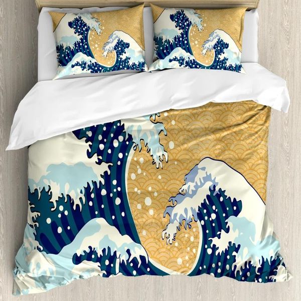 Bedding Define a capa de edredão de onda japonesa Conjunto do mar Storm no Japão ondas espumos de desenho tradicional em tamanho real amarelo azul escuro