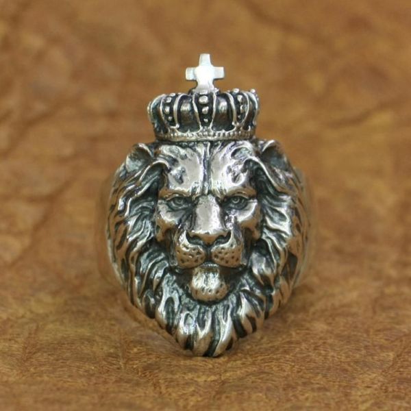 Anéis de Cluster Linsion 925 Sterling Silver Lion King Ring Mens Biker Punk Animal TA190 US Tamanho 7-15257D