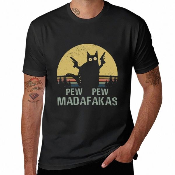 Vintage Retro Black Cat Pew Pew Madafakas!T-Shirt einfarbig Sommerkleidung Sweat Anime Männer Kleidung N8mS#