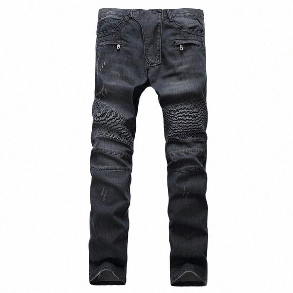 Homens Plus Size 28-42 Retro Motocicleta LG Jeans Plissado Calças Jeans High Street Zipper Marca de Alta Qualidade Para Masculino I6B6 #