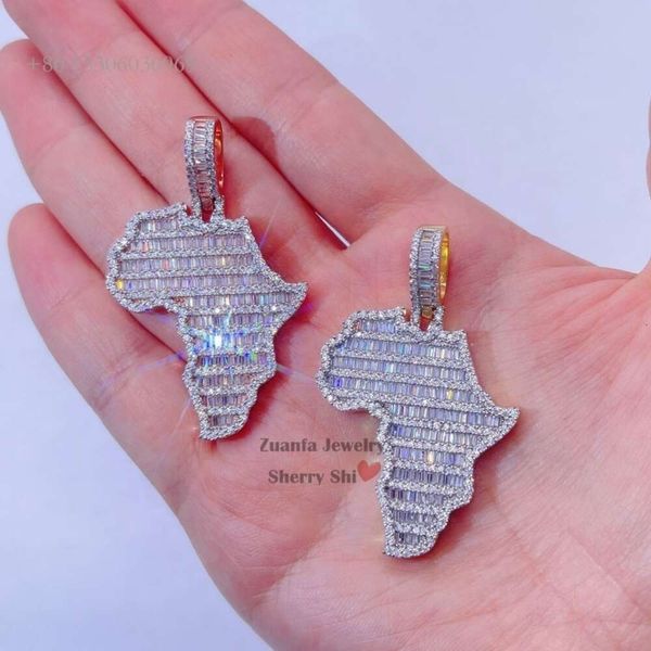 Drop Shipping Iced Out Vvs Baguette Moissanite Diamante Hip Hop África Mapa Pingente