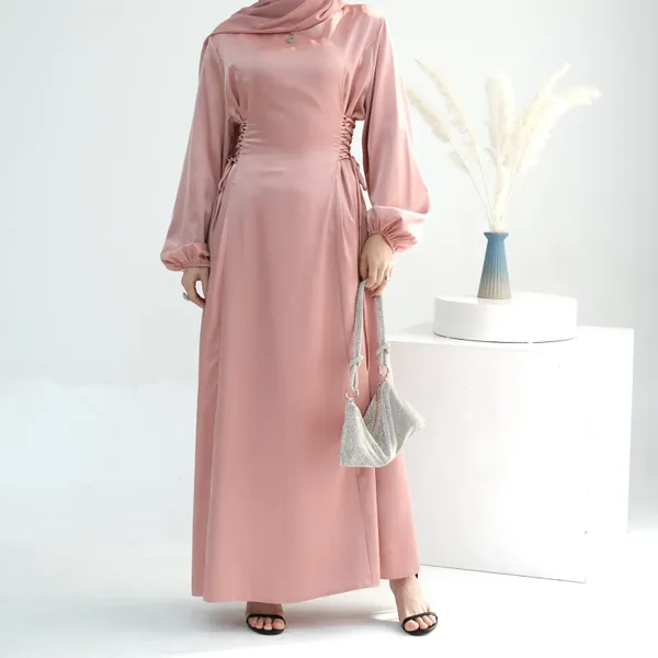 Casual Kleider Frühling Mode Solide Satin Kleid Muslimische Frauen Rundhals Langarm Lace Up Elegante Schlank