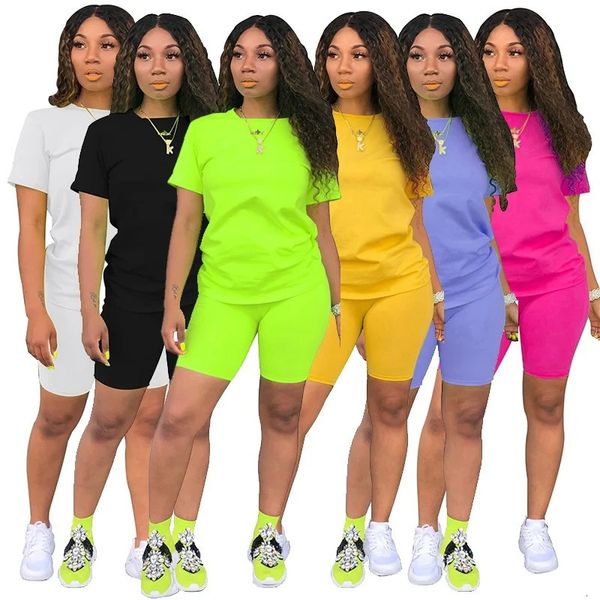 Summer Womens Moda Kısa Kollu Tshirt ve Sıkı Şort 2 adet Set Trailsuit Ladies Sports Jogging Suits Kıyafet 240328