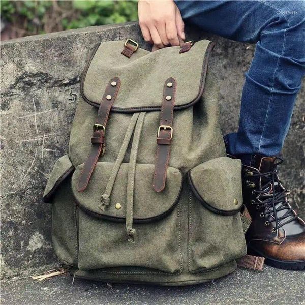 Mochila Vintage Mochila Homens Outdoor Canvas Laptop Bag 15 polegadas Caminhadas Camping Mochilas Estilo Retro