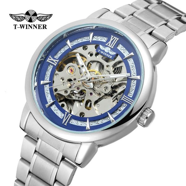 T-winner New Style Fashion Herren vollautomatische mechanische Uhr mit hohlem und transparentem Boden, geschnitztem Text