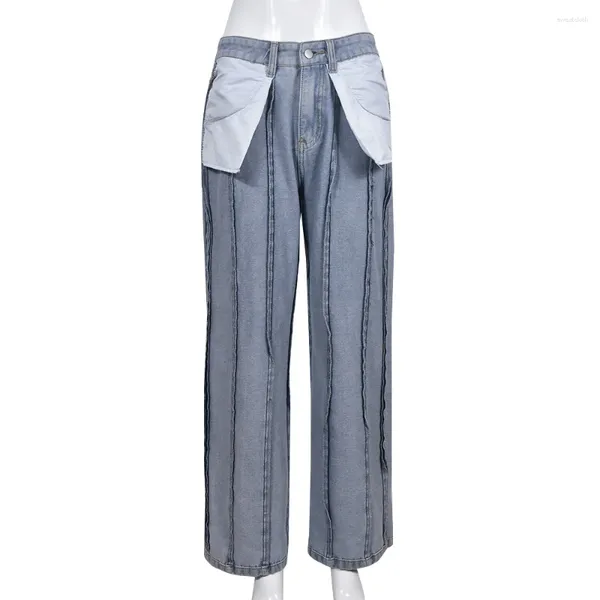 Jeans femininos jeanswomen 2024 outono picante meninas rua moda personalizado reverso desgaste design emendado listra reta perna jea