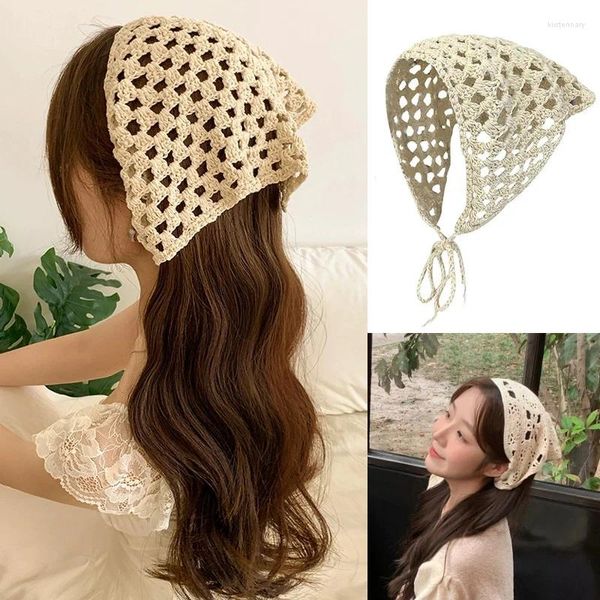 Lenços coreano vintage artesanal crochê headband cor sólida triângulo cachecol mulheres ins oco verão praia acessórios de cabelo edição y2k