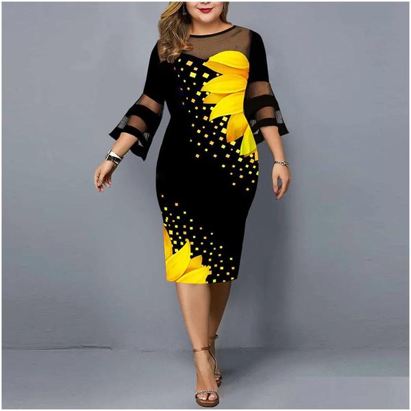 Plus Size Kleider Damen Lässiger Blumendruckmasch Arbeit Midi Lace 3/4 Ärmel Party Sommerkleid für Hochzeitskleidung Drop Lieferung App DHMYN