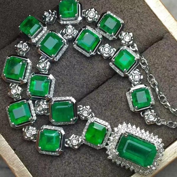 Sterling Silber Damen Live neue luxuriöse lange quadratische Imitation Zambi Columbia grün Anhänger Halskette Set Kette