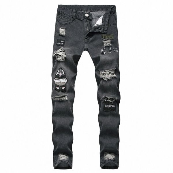 2020 nuovi uomini elastici strappati skinny biker ricamo stampa jeans distrutto foro nastrato slim fit denim graffiato Jean di alta qualità Q87b #