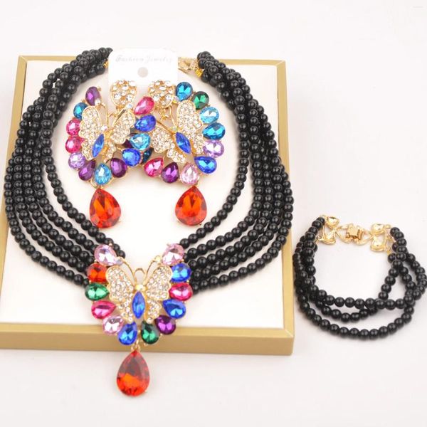 Collana Orecchini Set Moda Costume Nero Perline Africane Gioielli