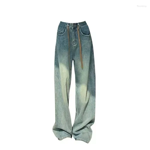 Jeans femininos primavera outono moda cordão retro tie tingido denim coreano versátil casual calças de perna reta ampla esfregão
