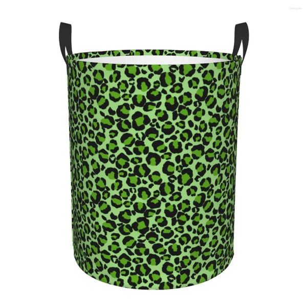 Sacos de lavanderia Verde Leopardo Cheetah Pele Impressa Cesta Dobrável Animal Roupas Brinquedo Cesto De Armazenamento Bin Para Crianças Berçário