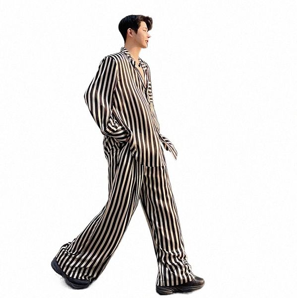 Homens Satin Style Stripe Suits Define Lg Manga Solta Camisa Casual Calça Masculina Streetwear Vintage Fi Party Dr Camisas Calças E1KW #