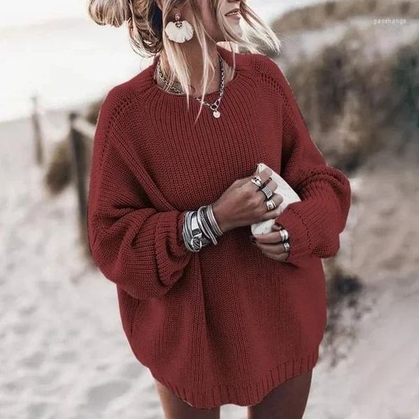 Maglioni da donna Moda Donna oversize Autunno Inverno Indie Pullover larghi caldi Donna Solid O-Collo Manica lunga Top in maglia Boho Rosso