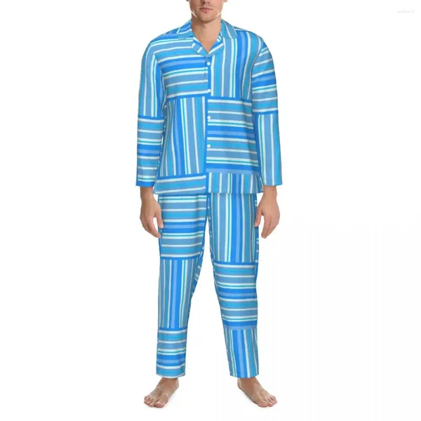 Abbigliamento per la casa Pigiama a righe bianche e blu Set di linee colorate primaverili Indumenti da notte caldi per la camera da letto da uomo Indumenti da notte casual dal design ampio in due pezzi